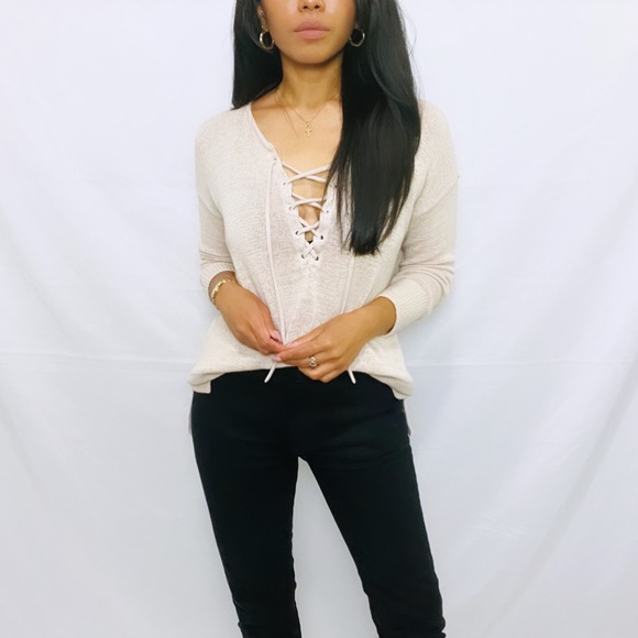 Loft | Beige Knit Long Sleeve Sweater V-Neck Lace Up Top - Picture 9 of 10